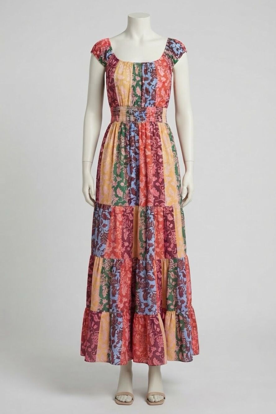 Womens Colorful Floral Patchwork Tiered Maxi Dress Casual Boho Resort Vacation